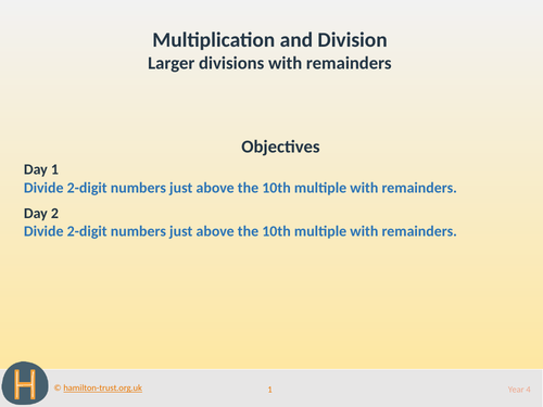 Teaching Presentation: Larger divisions with remainders (Year 4 Multiplication and Division)