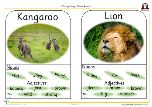 Writing Prompts - animals with nouns and adjectives | Teaching Resources