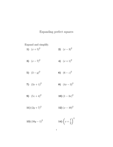 Expanding Perfect Squares Worksheet With Solutions Teaching Resources