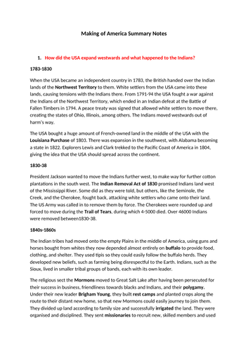 OCR Schools History Project History B summary notes for America ...