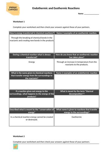 Endothermic and Exothermic Worksheets and Activities with Answers