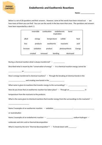 Endothermic and Exothermic Worksheets and Activities with Answers