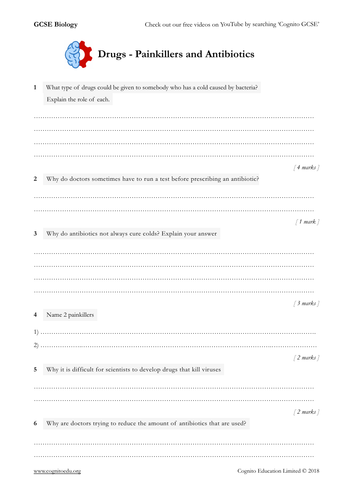 GCSE Biology (9-1) - Drugs - Painkillers and Antibiotics - Worksheet