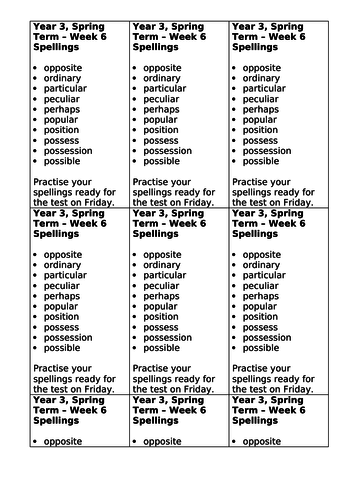 Year 3, No Nonsense Spelling List - Spring, Week 6