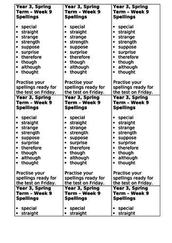 Year 3, No Nonsense Spelling List - Spring, Week 9