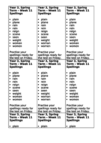 Year 3, No Nonsense Spelling List - Spring, Week 11