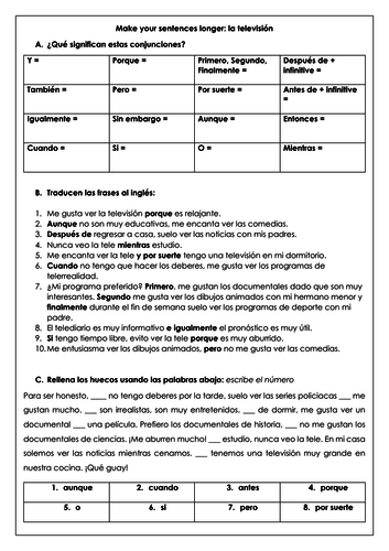 Spanish GCSE TV extending your sentences: la tele & connectives (grammar & translation)