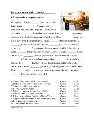 Un viaje a Nueva York: Preterite Worksheet with Travel Vocabulary (viaje, avión)