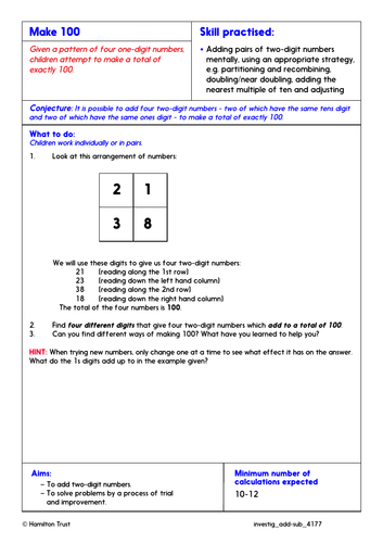 Partitioning and column addition - Problem-Solving Investigation - Year 4