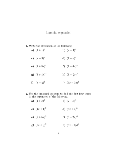 Binomial Expansion Worksheet with Solutions Teaching Resources