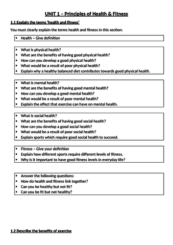 NCFE VCERT PE - Health and Fitness - Unit 1 guidelines | Teaching Resources