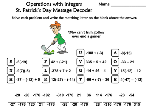 Operations with Integers St. Patrick's Day Math Activity: Message ...
