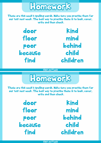 year 2 common exception words homework