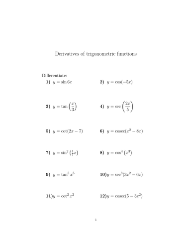 Derivatives of trigonometric functions worksheet no 3 (with solutions ...