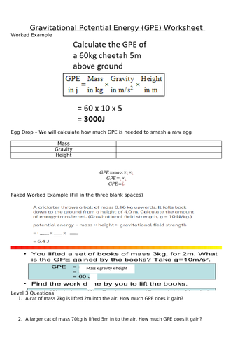 Gravitational Potential Energy (GPE) Worksheet Using Faded Worked