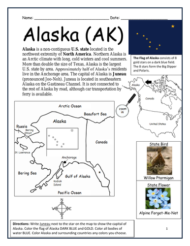ALASKA - printable handout with map and flag | Teaching Resources