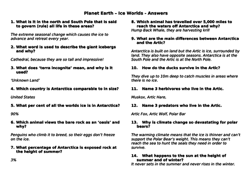 BBC Planet Earth Ice Worlds - Documentary Question & Answers Sheet ...