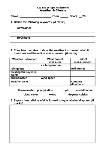 KS3 Weather and Climate Assessment & Mark Scheme