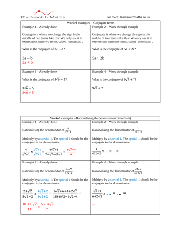Rationalising the denominator (Binomials) worksheet Teaching Resources