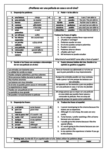 Spanish el cine y las películas: film in the cinema & home (reading, vocab & translation) & answers