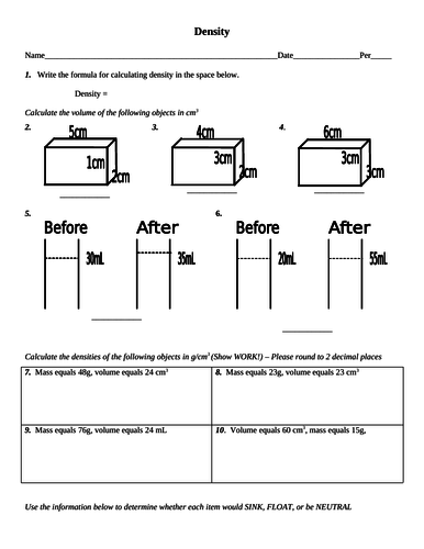 worksheet-on-density