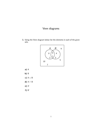Venn Diagrams Worksheet with Solutions Teaching Resources