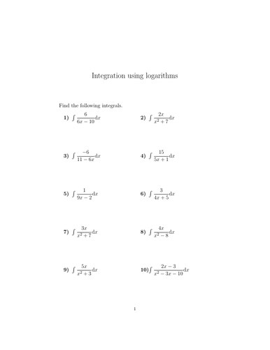 Integration using logarithms worksheet (with solutions) | Teaching ...