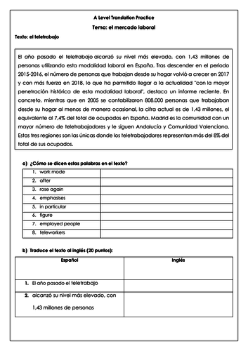 Spanish A Level el teletrabajo: translations on  telecommuting and employment in Spain with answers