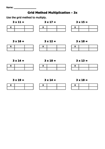 grid multiplication worksheets 3x and 4x teaching