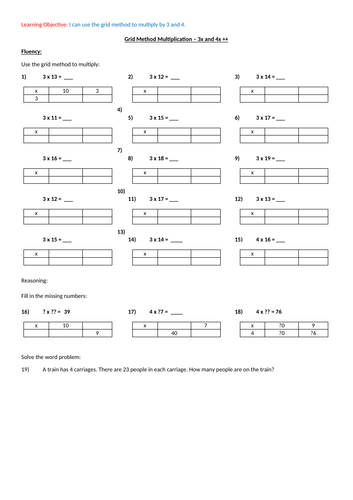 Year 3 Grid Multiplication 3x, 4x