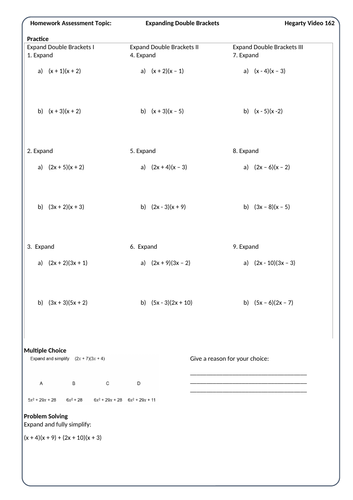 Expanding Double Brackets Homework Sheet | Teaching Resources