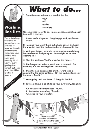 Washing Line Lists - English Homework - KS1