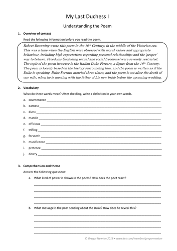 My Last Duchess (Browning) for GCSE ~ Worksheets and lesson plans for 3 ...