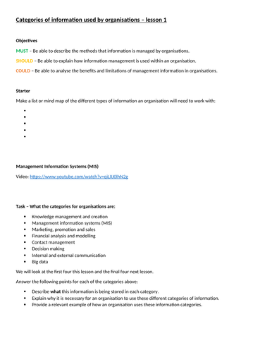 OCR Cambridge Technicals in IT Unit 2 - 3.3 Categories of information used by organisations