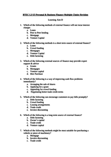 BTEC Unit 3 Personal & Business Finance Exam Technique Knowledge ...