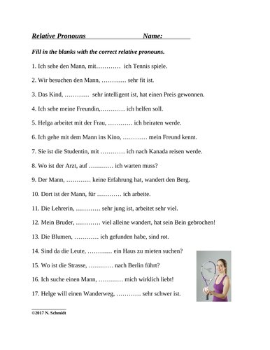 German Relative Pronouns Worksheet: Relativpronomen