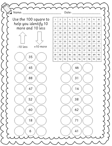 Year 1/2 Maths worksheets - 1 more, 1 less, 10 more, 10 less | Teaching