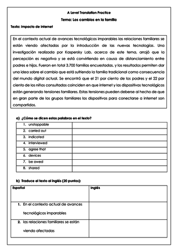 Spanish A Level la familia y el ciberespacio: translations on changes in the family and Internet