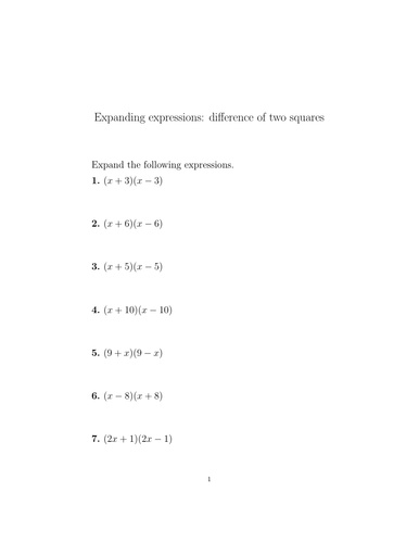 Expanding Expressions Difference Of Two Squares Worksheet With Solutions Teaching Resources