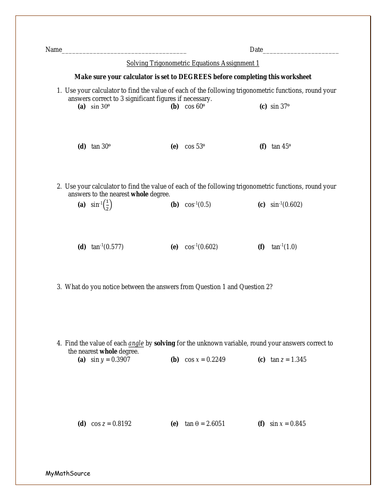 Trigonometric Equations: Part 1 - Solving Trig Equations Worksheet