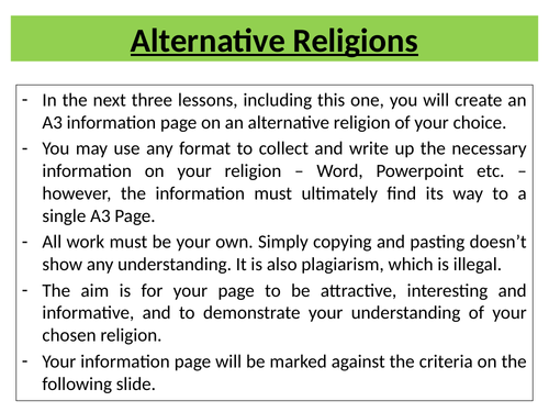 Alternative Religions Assessment / Marking Grid