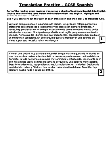 GCSE Spanish Translation Practice homework Cover Work Revision 