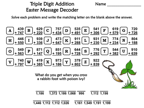 Triple Digit Addition With Regrouping Easter Math Activity: Message ...