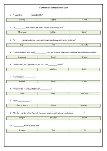 A Christmas Carol Quote Quiz  Revision  Teaching Resources