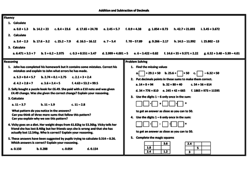Addition and Subtraction of Decimals Problem Solving Mastery Worksheet ...