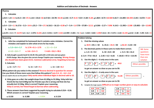 Addition and Subtraction of Decimals Problem Solving Mastery Worksheet ...