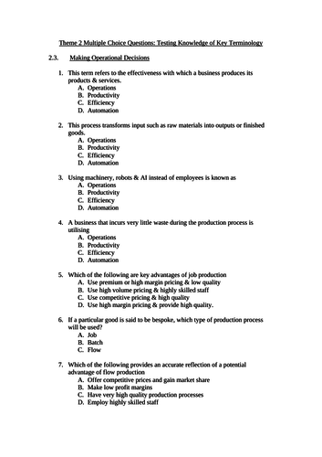 GCSE Business 9-1 Edexcel. Theme 2 MULTIPLE CHOICE REVISION. Modules 2.1-2.5.