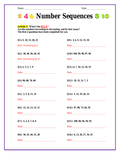 Number sequences - 3 stepped activity worksheets