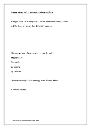 Energy Stores and Systems Revision Questions | Teaching Resources