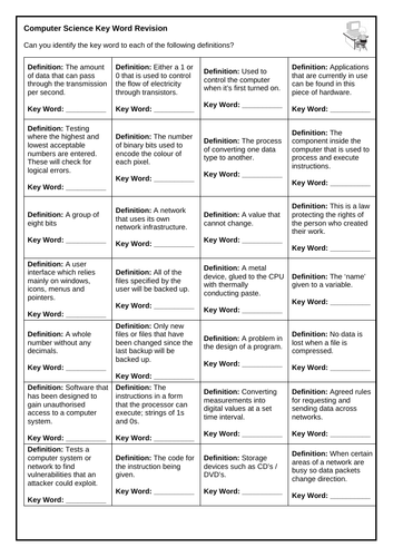 Computer Science 9 1 Keyword Revision Quiz Teaching Resources